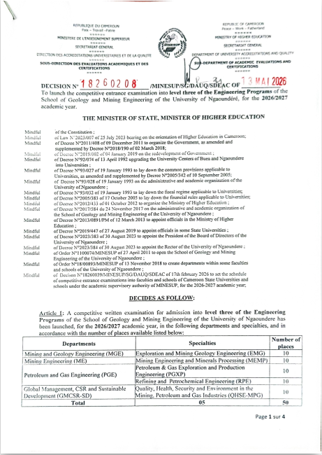 Arrêté du Concours d'entrée à l'EGEM 2026-2027